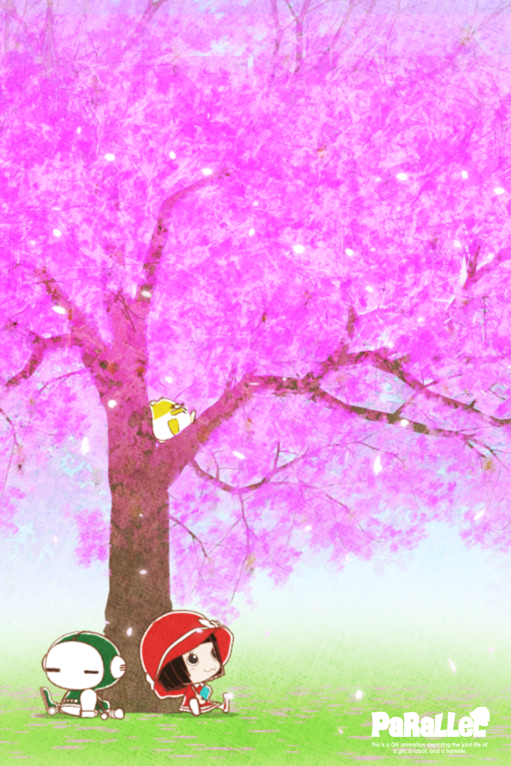桜の木の下にいるキャラクターのイラスト