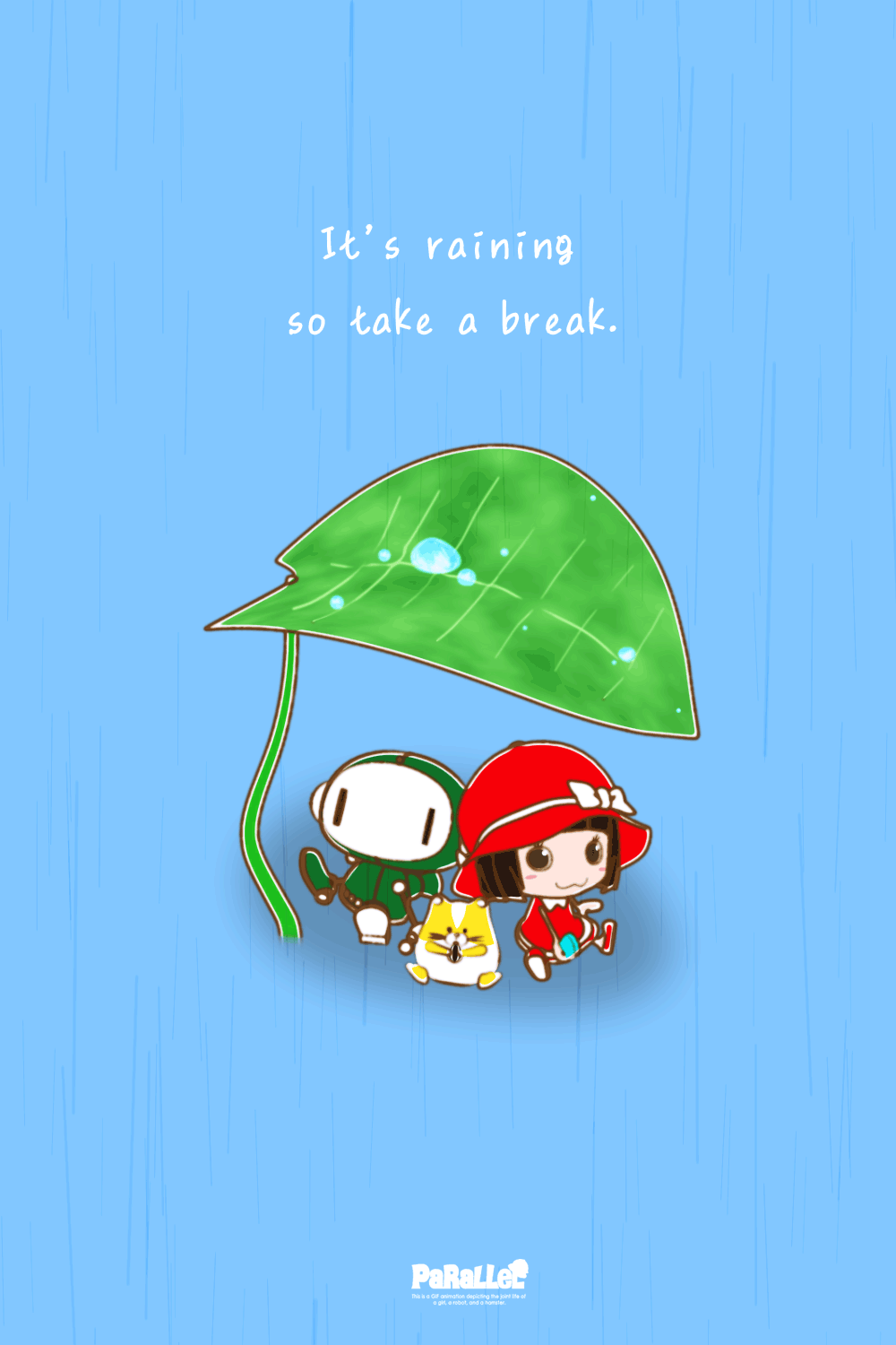 葉っぱの下で雨宿りするキャラクターのイラスト